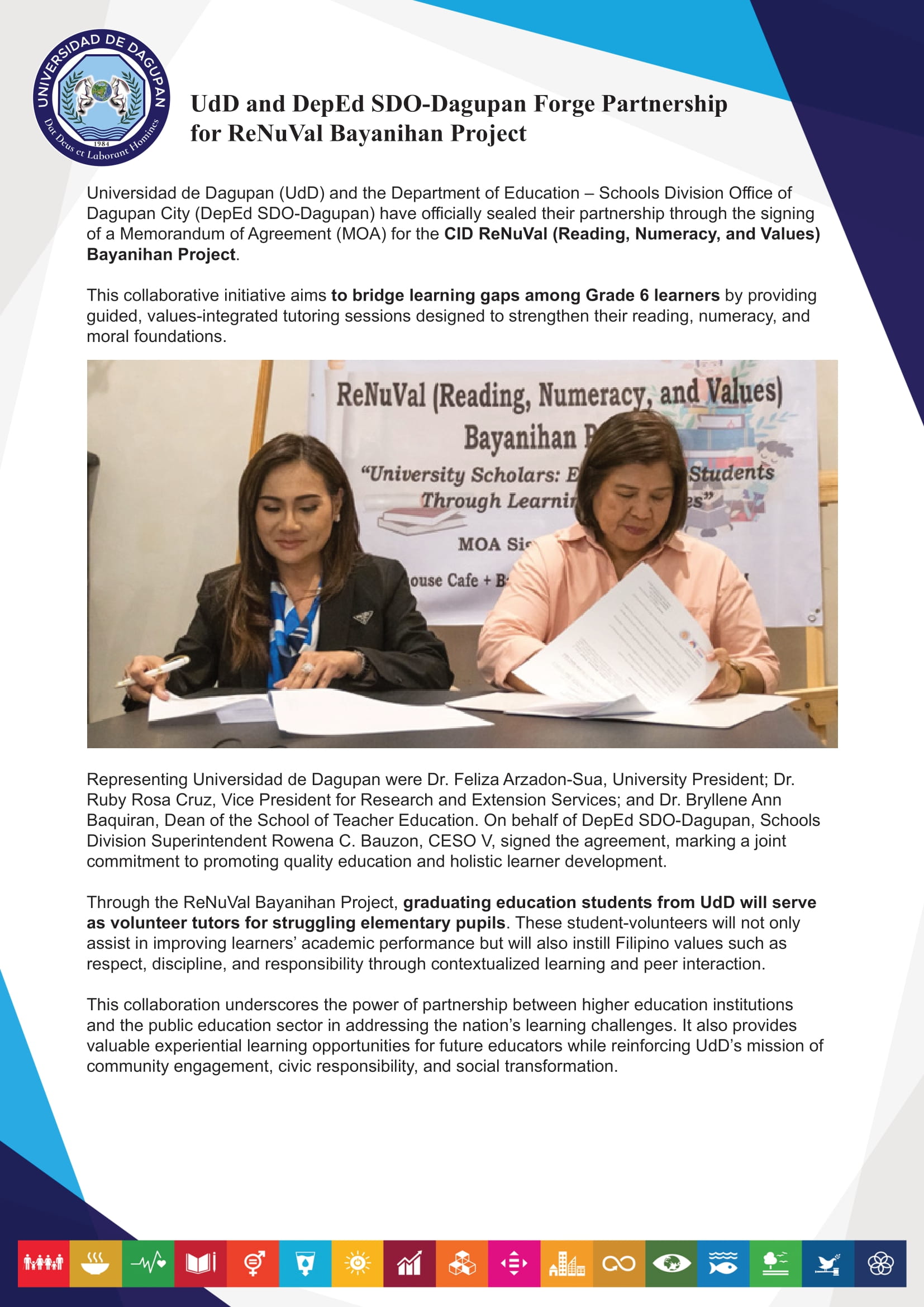 UdD and DepEd SDO-Dagupan Forge Partnership for ReNuVal Bayanihan Project