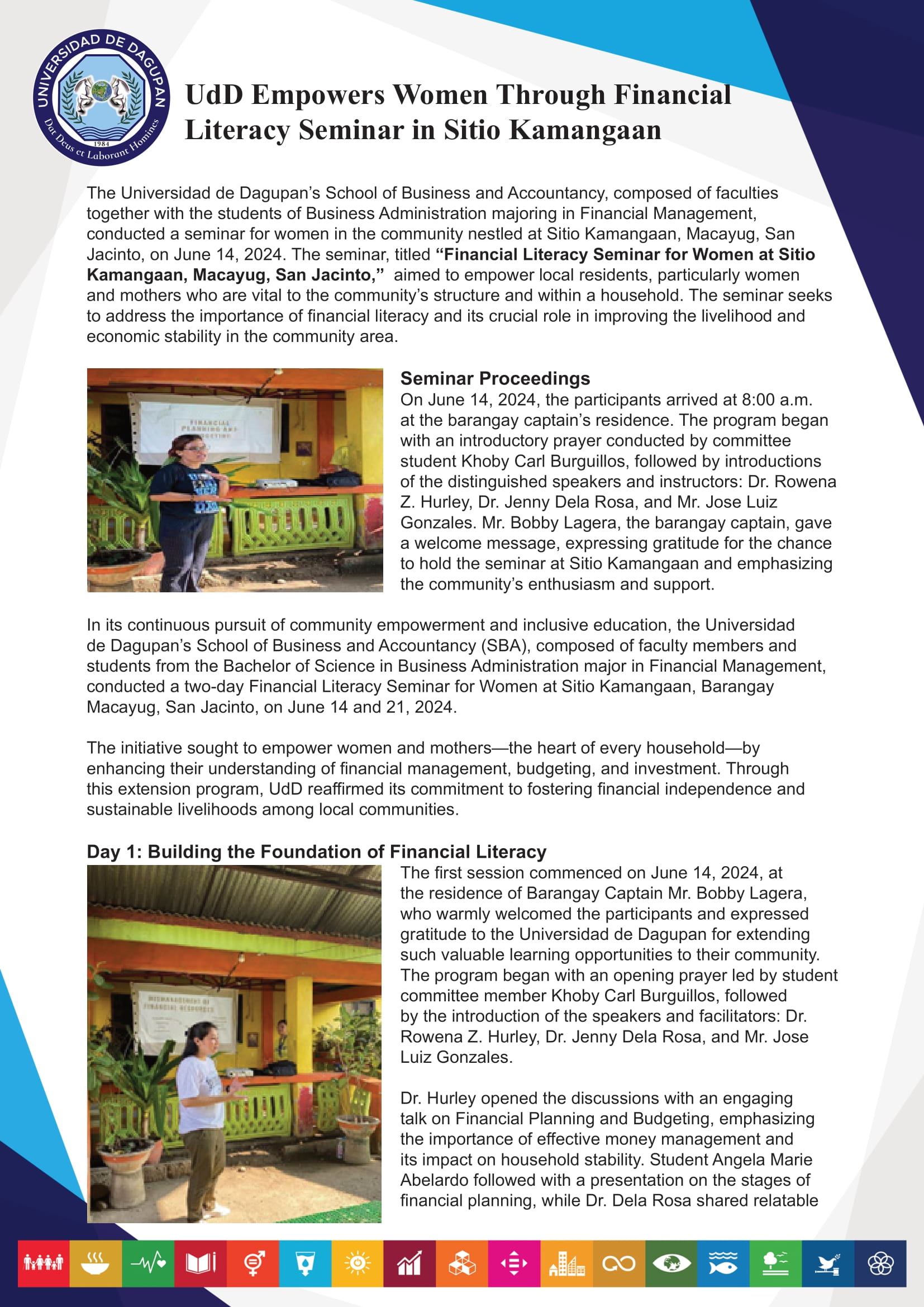 UdD Empowers Women Through Financial  Literacy Seminar in Sitio Kamangaan