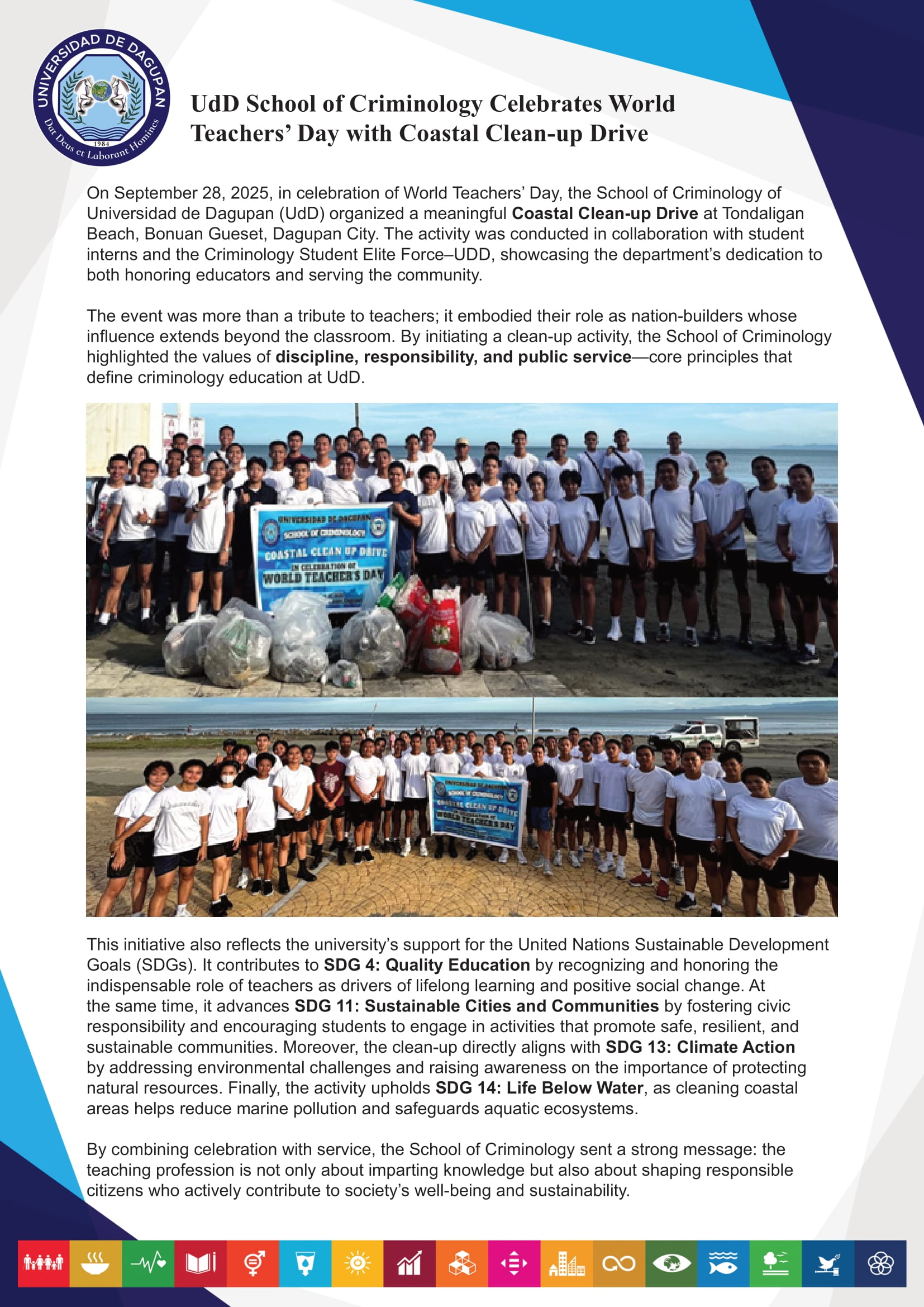 UdD School of Criminology Celebrates World Teachers’ Day with Coastal Clean-up Drive
