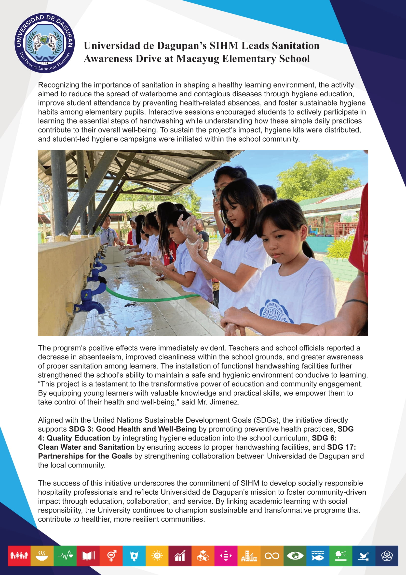 Universidad de Dagupan’s SIHM Leads Sanitation Awareness Drive at Macayug Elementary School