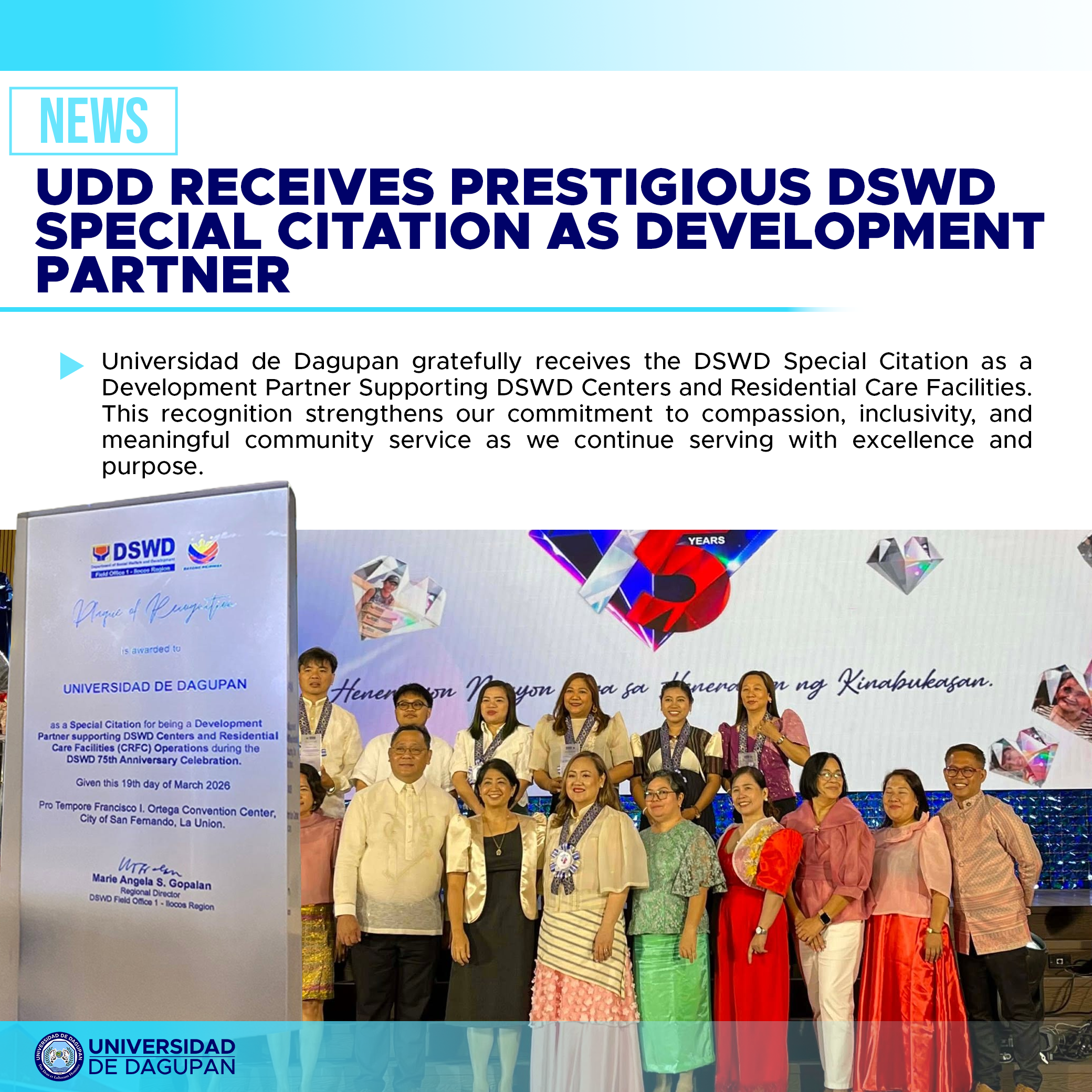 UDD Receives Prestigious DSWD Special Citation as Development Partner