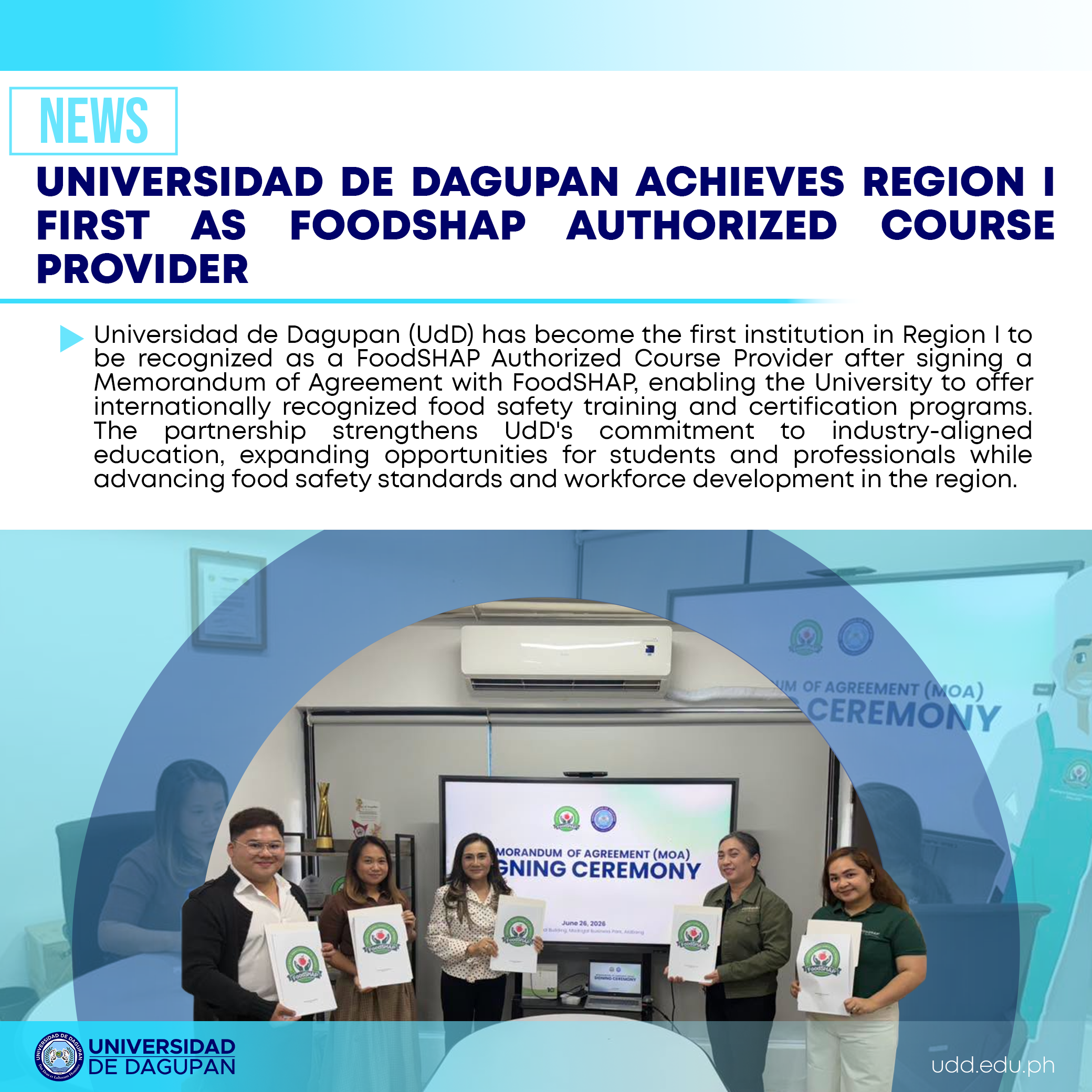 Universidad de Dagupan Achieves Region I First as FoodSHAP Authorized Course Provider