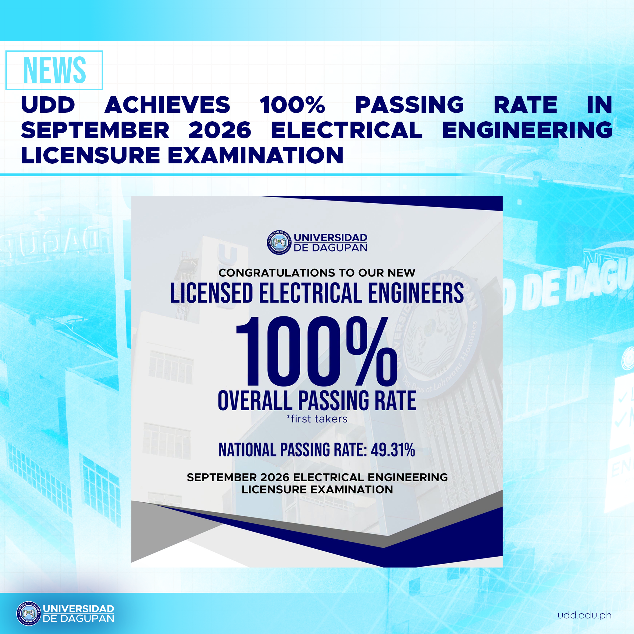 UdD Achieves 100% Passing Rate in September 2026 Electrical Engineering Licensure Examination